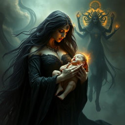 A striking image of Goddess Lilith, portrayed with an ethereal beauty and dark elegance, as she carries the Antichrist, the son of the end times, cradled protectively in her arms
