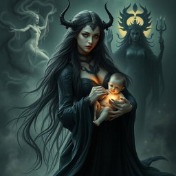 A striking image of Goddess Lilith, portrayed with an ethereal beauty and dark elegance, as she carries the Antichrist, the son of the end times, cradled protectively in her arms