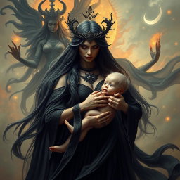 A striking image of Goddess Lilith, portrayed with an ethereal beauty and dark elegance, as she carries the Antichrist, the son of the end times, cradled protectively in her arms