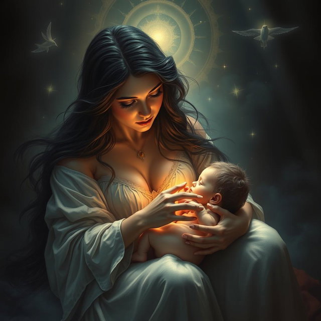 A tender and intimate scene depicting Goddess Lilith as she lovingly cares for and nurses the Antichrist, the son of the end times