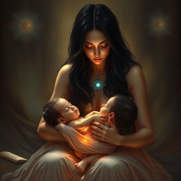 A tender and intimate scene depicting Goddess Lilith as she lovingly cares for and nurses the Antichrist, the son of the end times