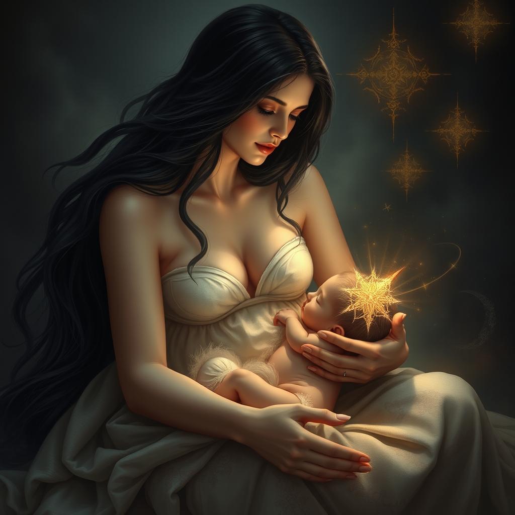 A tender and intimate scene depicting Goddess Lilith as she lovingly cares for and nurses the Antichrist, the son of the end times