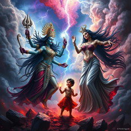 An intense and dramatic scene depicting a fierce battle between Goddess Kali and Goddess Lilith, both powerful deities vying for the Antichrist, the son of the end times