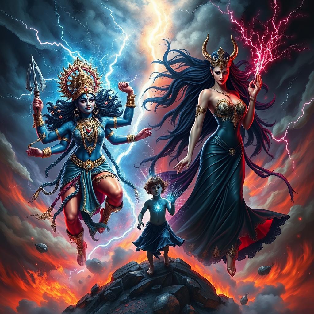 An intense and dramatic scene depicting a fierce battle between Goddess Kali and Goddess Lilith, both powerful deities vying for the Antichrist, the son of the end times