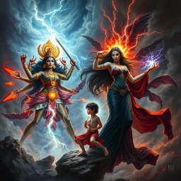 An intense and dramatic scene depicting a fierce battle between Goddess Kali and Goddess Lilith, both powerful deities vying for the Antichrist, the son of the end times