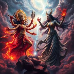 An intense and dramatic scene depicting a fierce battle between Goddess Kali and Goddess Lilith, both powerful deities vying for the Antichrist, the son of the end times