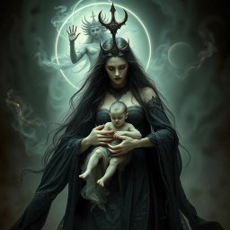 A striking image of Goddess Lilith, portrayed with an ethereal beauty and dark elegance, as she carries the Antichrist, the son of the end times, cradled protectively in her arms