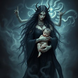A striking image of Goddess Lilith, portrayed with an ethereal beauty and dark elegance, as she carries the Antichrist, the son of the end times, cradled protectively in her arms