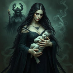 A striking image of Goddess Lilith, portrayed with an ethereal beauty and dark elegance, as she carries the Antichrist, the son of the end times, cradled protectively in her arms