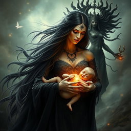 A striking image of Goddess Lilith, portrayed with an ethereal beauty and dark elegance, as she carries the Antichrist, the son of the end times, cradled protectively in her arms