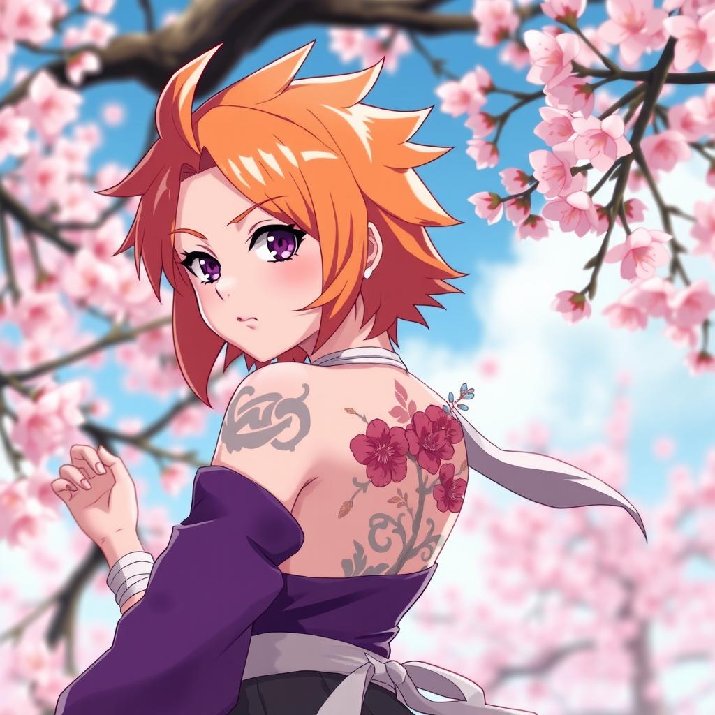 A vibrant anime-style character design inspired by Naruto Shippuden, featuring a 14-year-old girl with orange hair that's slightly spiky and short