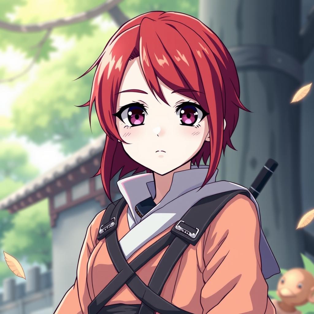 A vivid anime-style illustration inspired by Naruto Shippuden, featuring a 14-year-old girl with strikingly short red hair and deep dark purple eyes