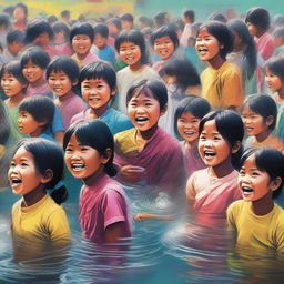 A vibrant digital art piece showcasing the Myanmar water festival