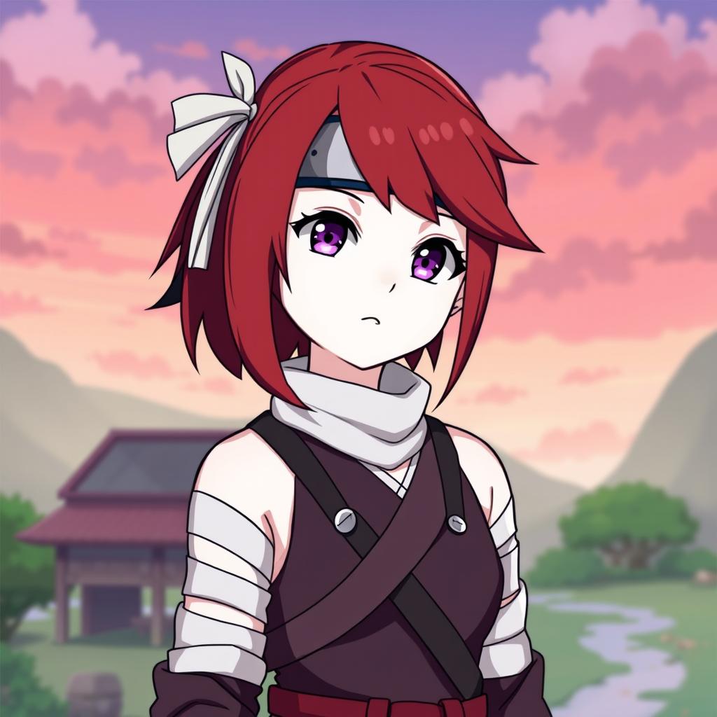 A 14-year-old girl in Naruto Anbu style attire, featuring short red hair styled playfully, dark purple eyes that sparkle with determination, and pale white skin