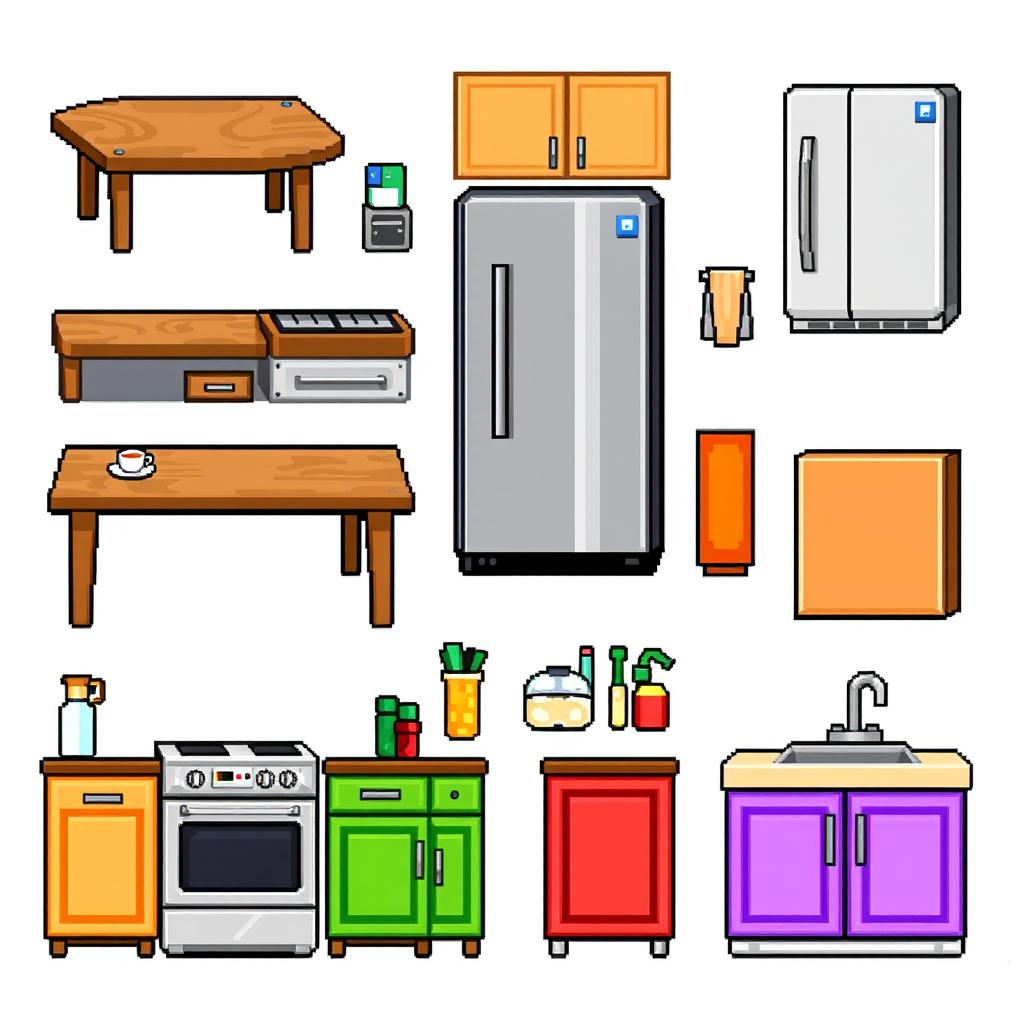 A pixel art spritesheet featuring various kitchen furniture items, including a stylish wooden kitchen table, a sleek stainless steel refrigerator, a classic oven with a retro design, colorful cabinets, and a countertop with a sink