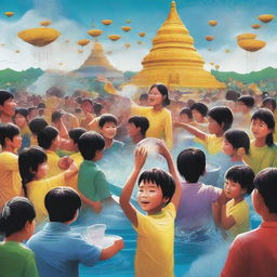 A vibrant digital art piece showcasing the Myanmar water festival