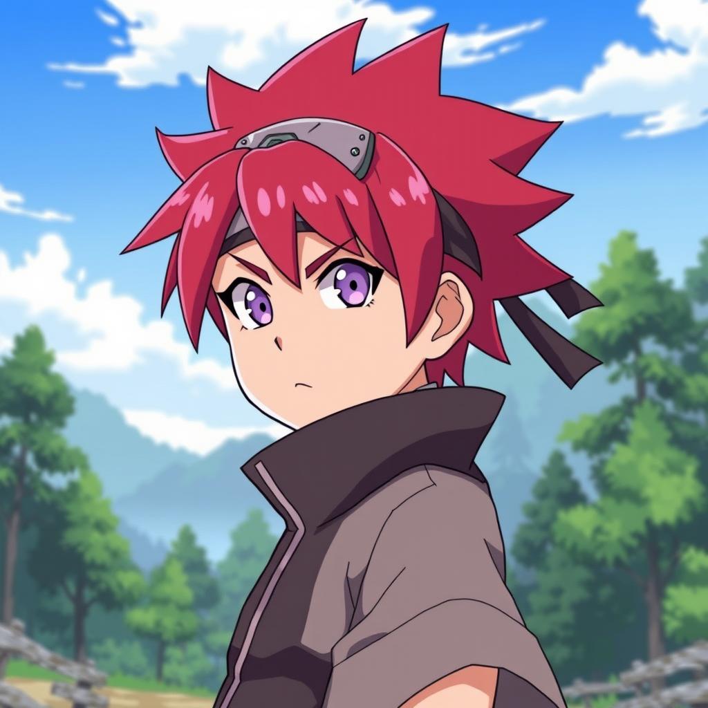 A character with short, vibrant red hair styled in a spiky fashion, reminiscent of anime characters, particularly in the style of Naruto