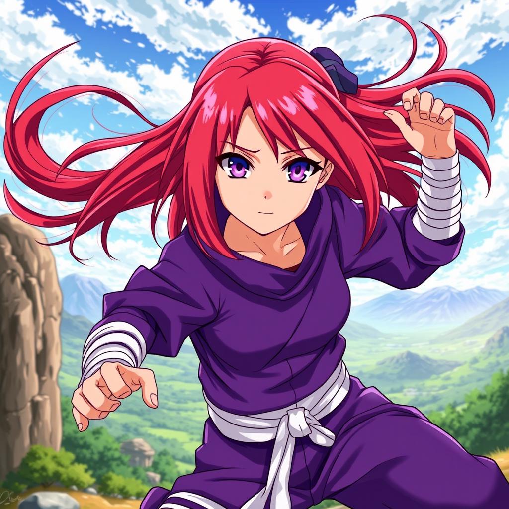 A dynamic anime-style illustration of a girl inspired by Naruto, featuring medium-long red hair flowing with energy and vibrant violet eyes that shine with determination