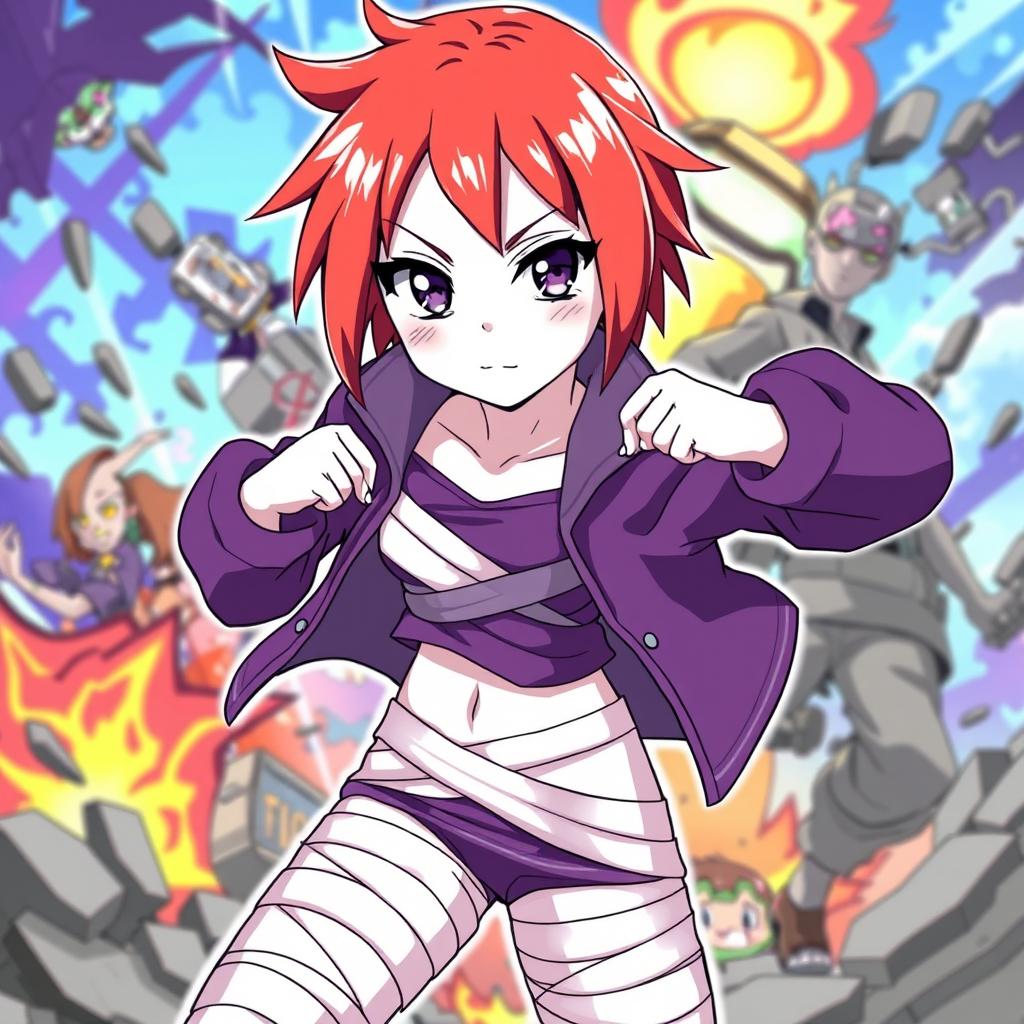 A dynamic Naruto style illustration featuring a girl with short, vibrant red hair, white skin, and striking violet eyes