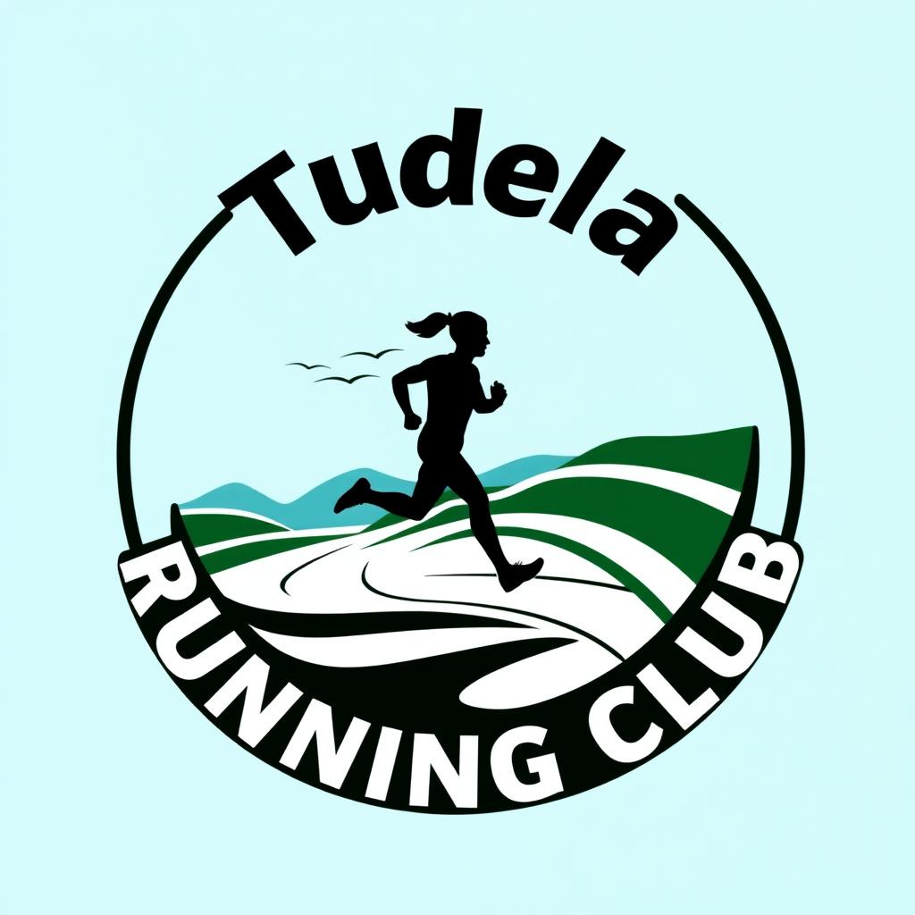 A circular logo for a running club named 'Tudela Running Club', featuring a stylized silhouette of a runner in motion at the center, surrounded by dynamic lines suggesting speed and energy