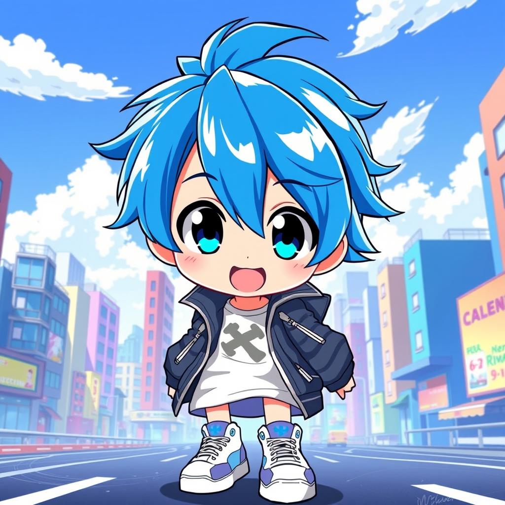 A vibrant and colorful anime character with striking blue hair, styled in a playful and energetic manner