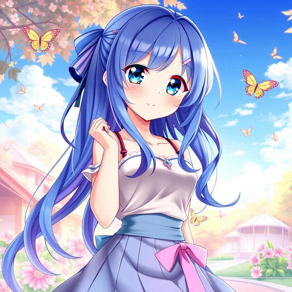 A captivating anime girl with beautiful blue hair cascading down in elegant waves