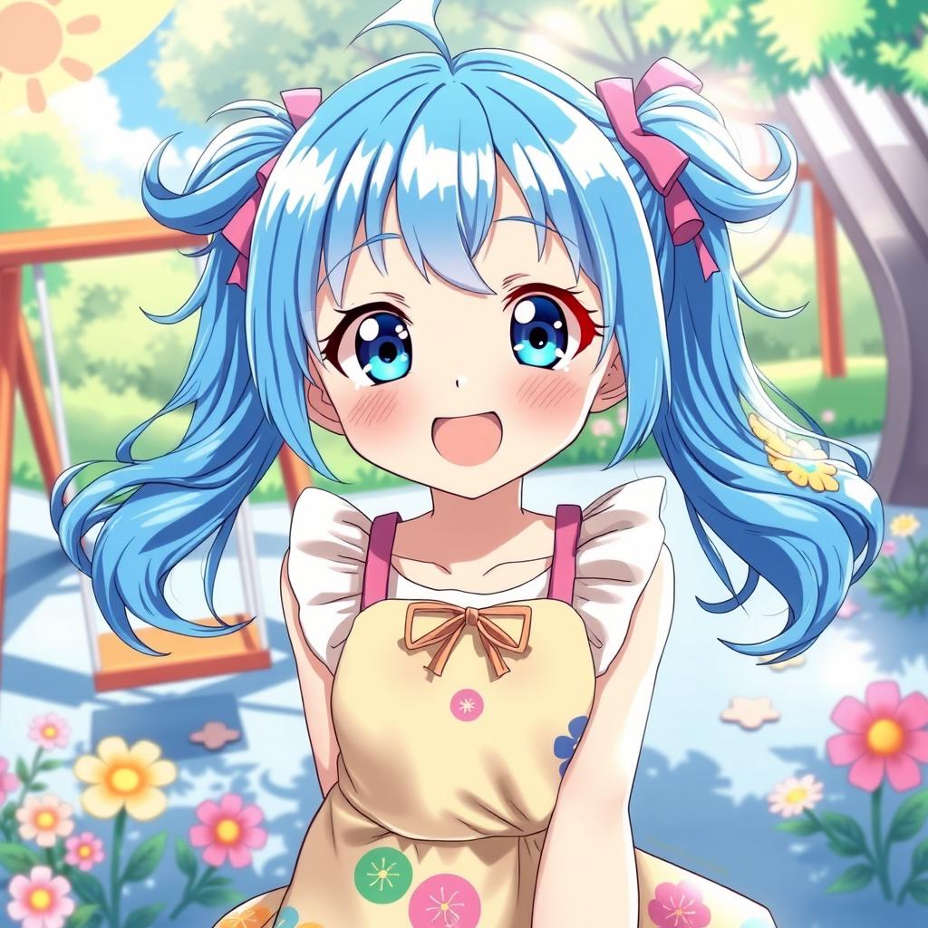 A vibrant and lively anime girl with bright blue hair styled in playful pigtails, exuding a sense of joy and innocence