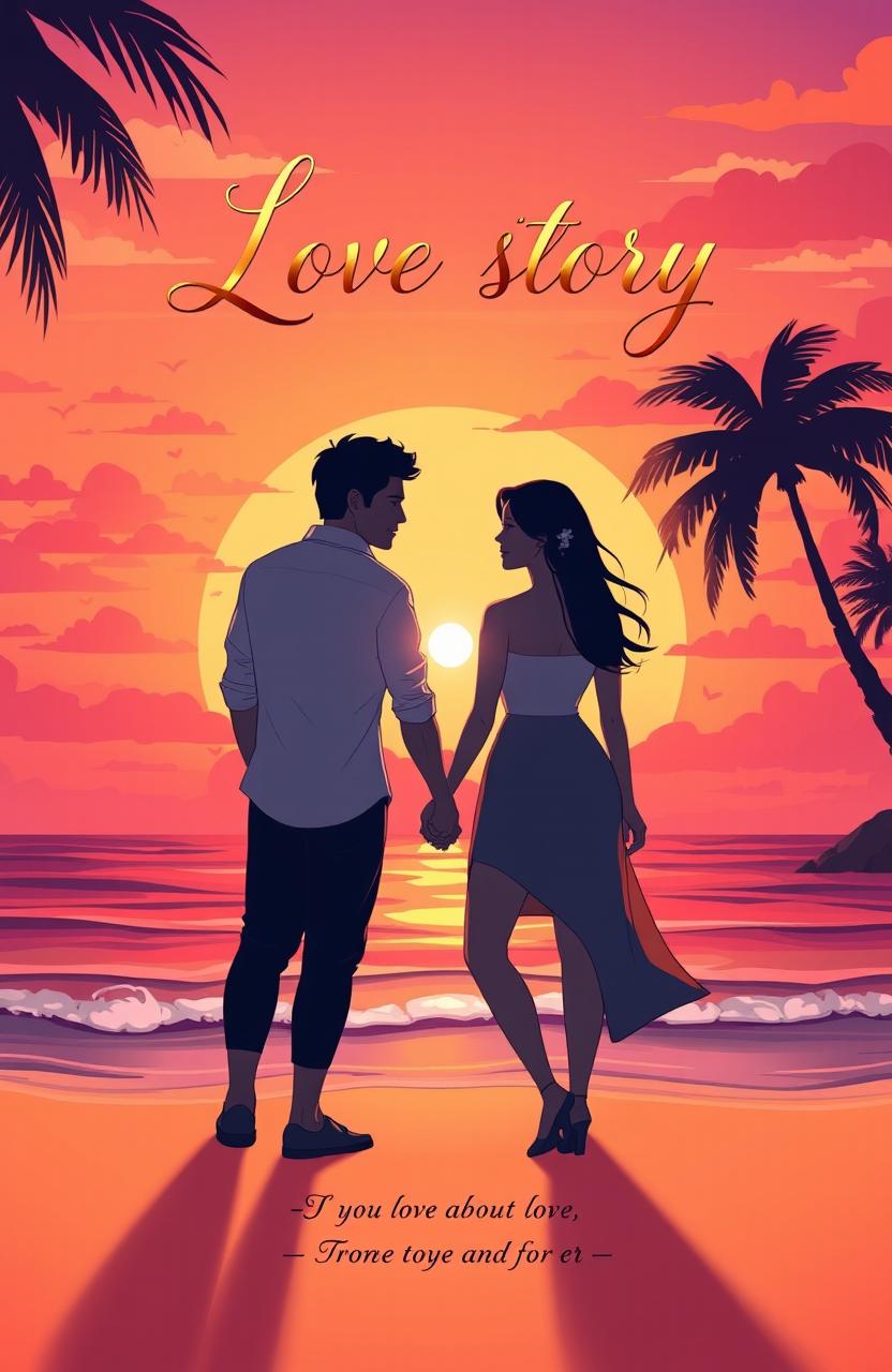 A stunning book cover design themed around a romantic love story, featuring a beautifully illustrated couple holding hands at sunset on a beach