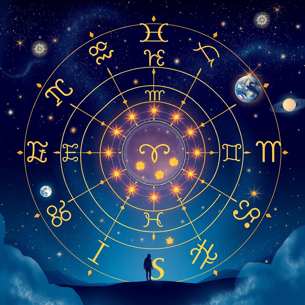 A beautiful, cosmic-themed representation of astrology, featuring a starry night sky with celestial bodies like planets, stars, and constellations