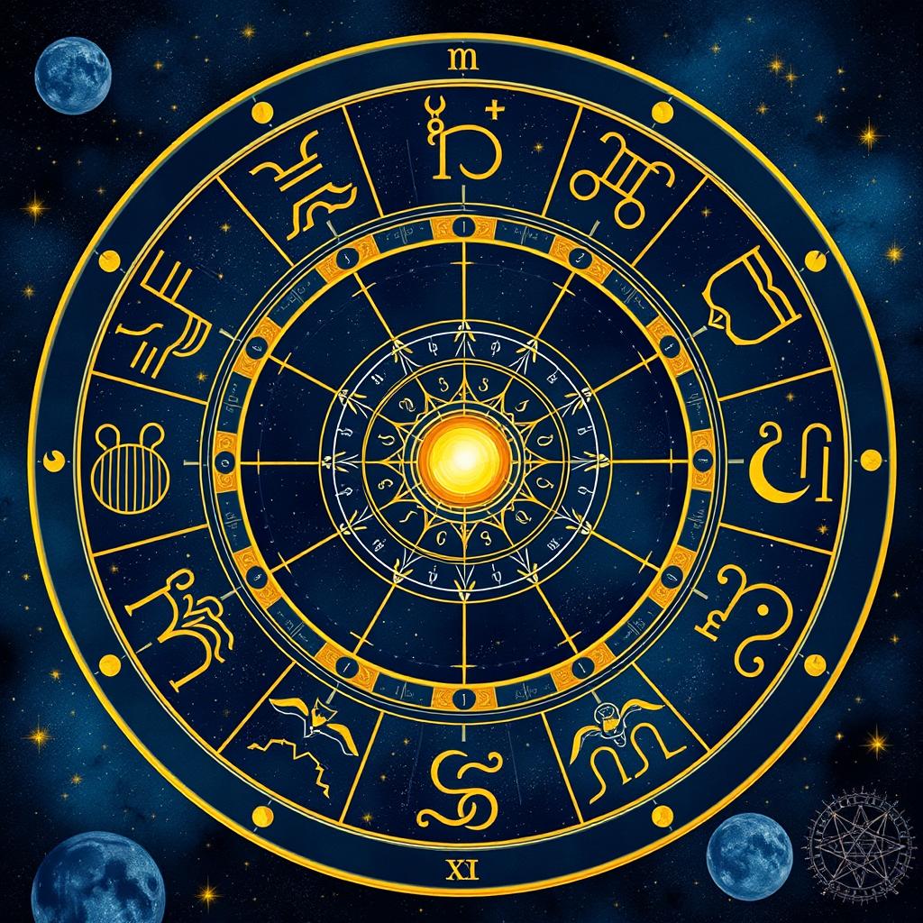 A detailed illustration of an astrological chart, featuring the twelve zodiac signs clearly labeled around a circular layout
