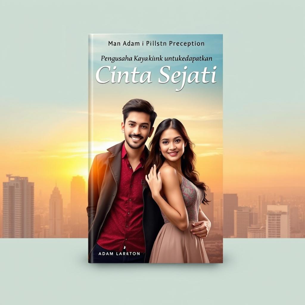 A captivating book cover design themed around the romantic story of Adam and Nayla, titled 'Pengusaha Kaya Pura Pura Miskin untuk Mendapatkan Cinta Sejati'