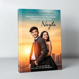 A captivating book cover design themed around the romantic story of Adam and Nayla, titled 'Pengusaha Kaya Pura Pura Miskin untuk Mendapatkan Cinta Sejati'