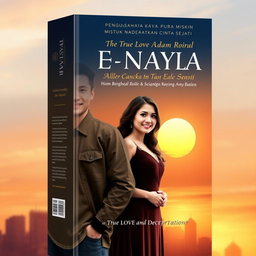 A captivating book cover design themed around the romantic story of Adam and Nayla, titled 'Pengusaha Kaya Pura Pura Miskin untuk Mendapatkan Cinta Sejati'