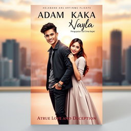 A captivating book cover design themed around the romantic story of Adam and Nayla, titled 'Pengusaha Kaya Pura Pura Miskin untuk Mendapatkan Cinta Sejati'