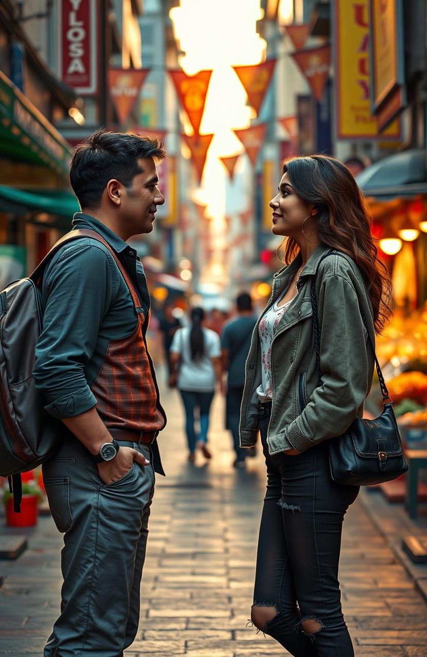 A romantic scene depicting a wealthy businessman pretending to be poor to win the affection of a beautiful woman named Nayla