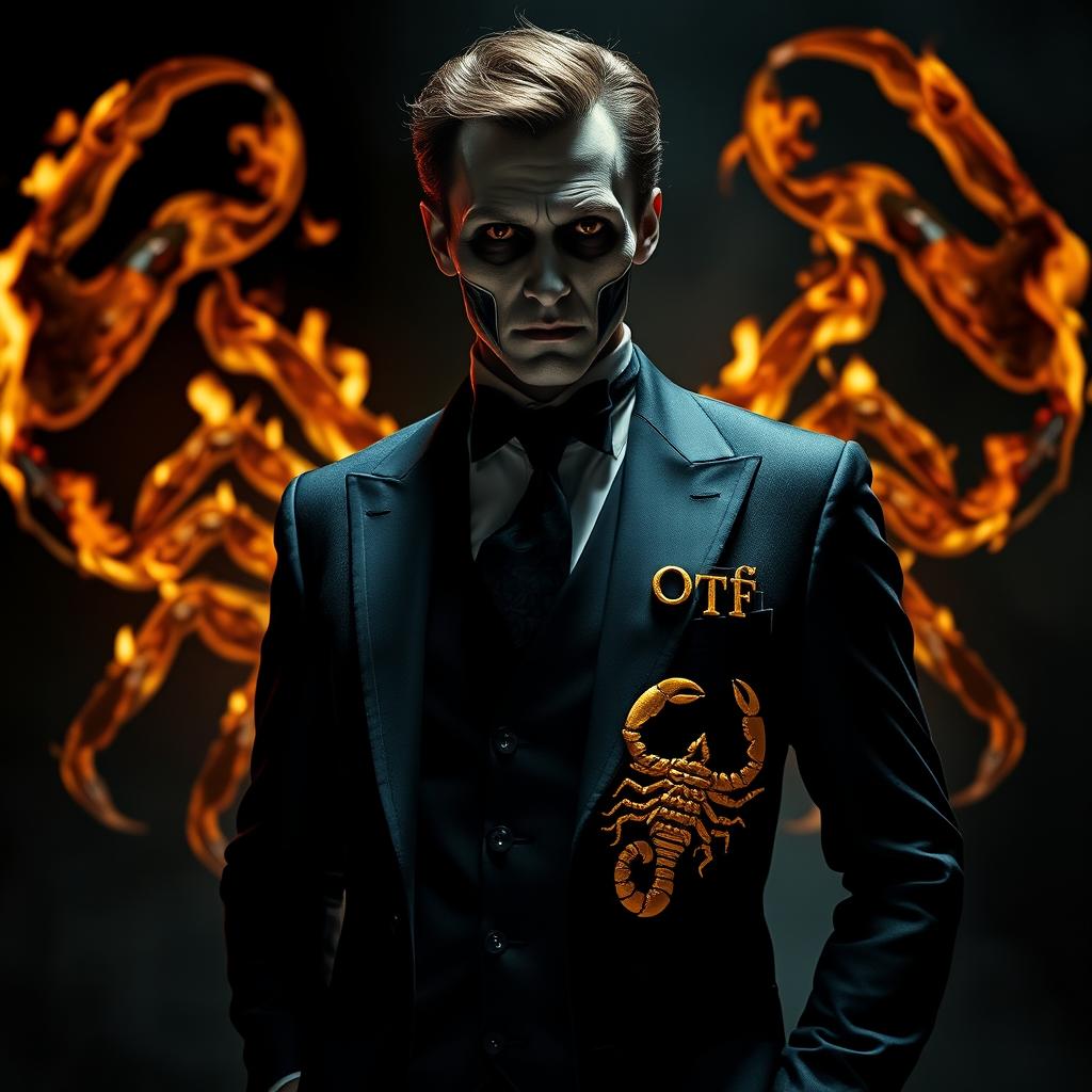 A spooky gentleman dressed in an elegant suit, standing confidently with a mysterious aura