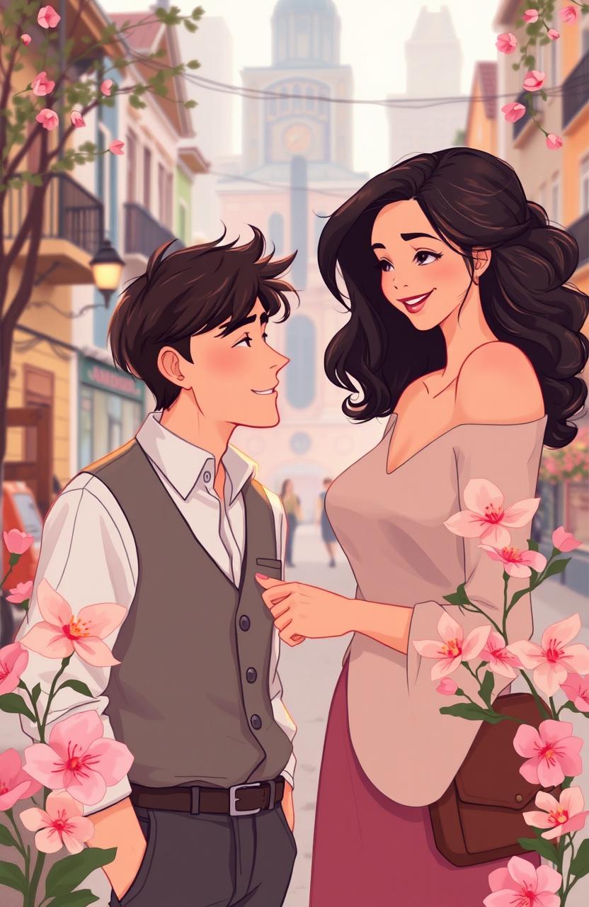 A romantic narrative illustration depicting a wealthy businessman, Adam, disguising himself in simple, modest clothing to win the heart of Nayla, a beautiful and kind woman