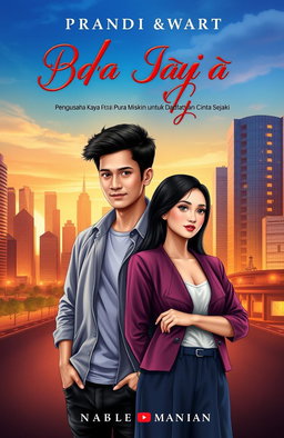 A novel cover design illustrating a love story between Adam and Nayla, titled 'Pengusaha Kaya Pura Pura Miskin untuk Mendapatkan Cinta Sejati'