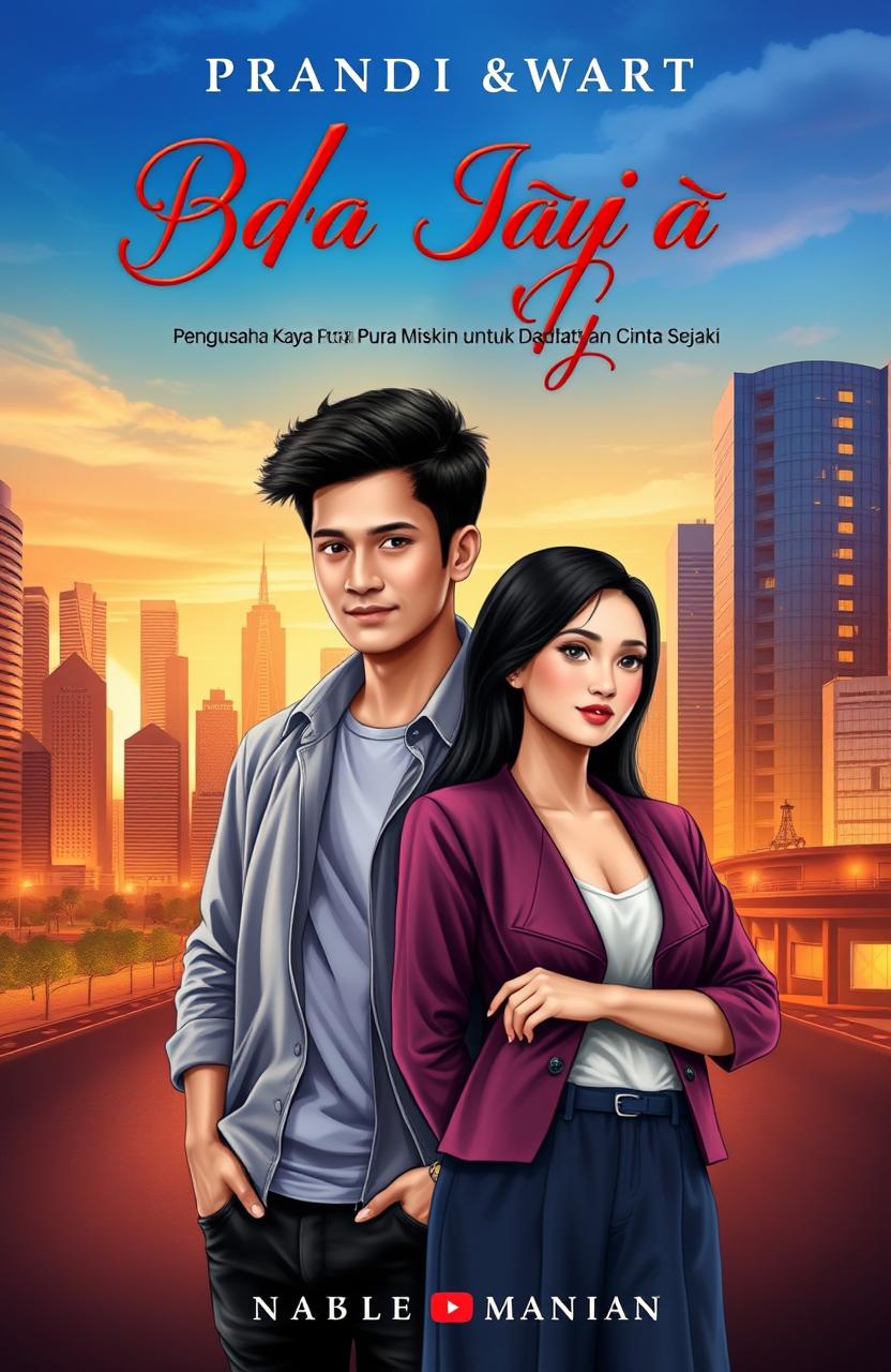 A novel cover design illustrating a love story between Adam and Nayla, titled 'Pengusaha Kaya Pura Pura Miskin untuk Mendapatkan Cinta Sejati'