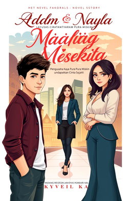 A novel cover design illustrating a love story between Adam and Nayla, titled 'Pengusaha Kaya Pura Pura Miskin untuk Mendapatkan Cinta Sejati'