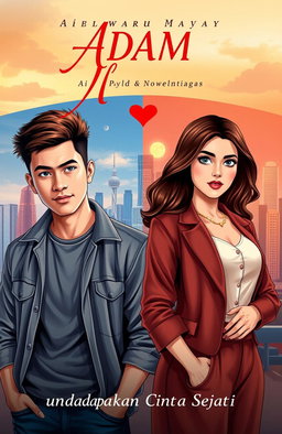 A novel cover design illustrating a love story between Adam and Nayla, titled 'Pengusaha Kaya Pura Pura Miskin untuk Mendapatkan Cinta Sejati'
