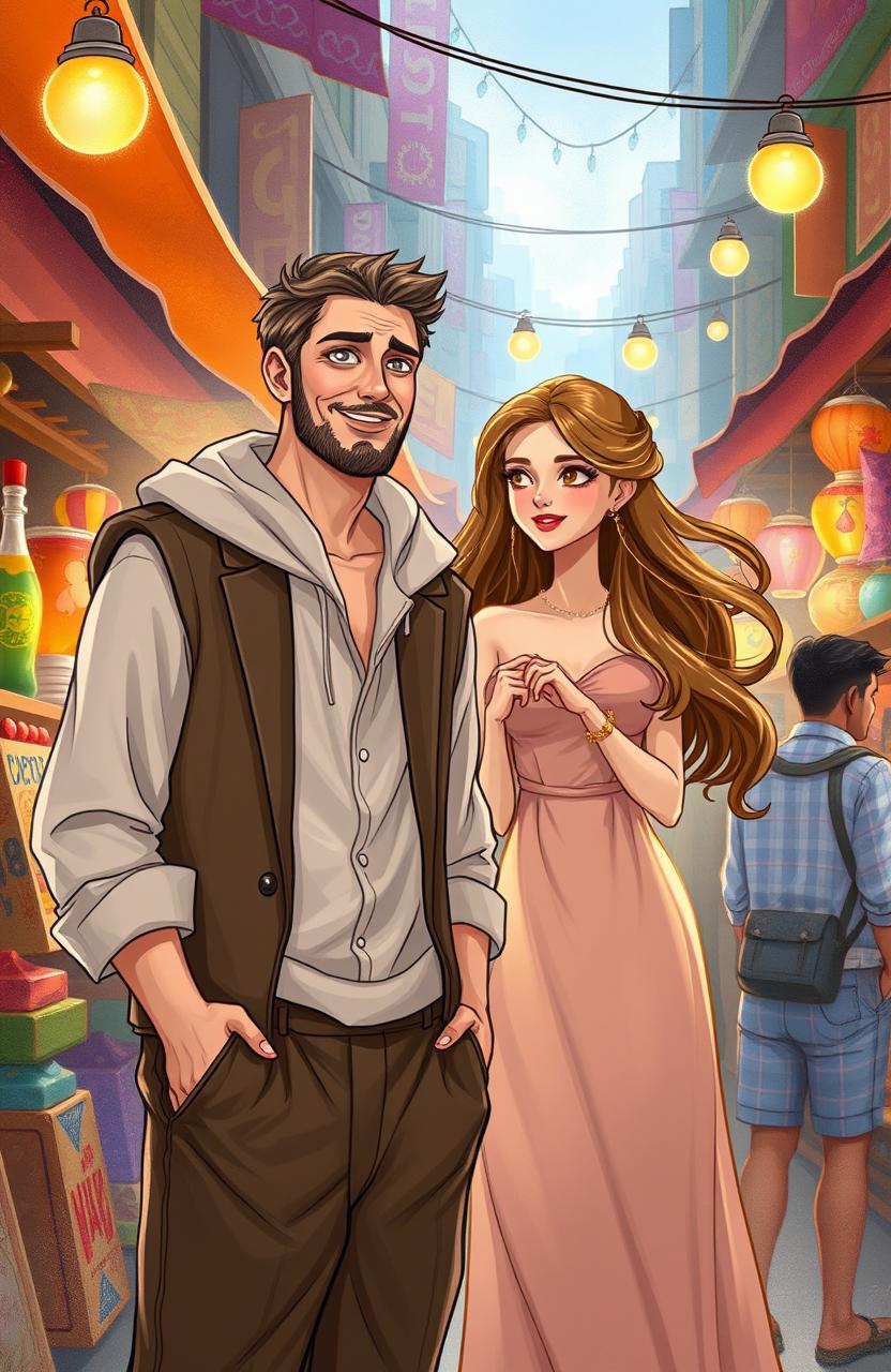 A romantic story illustration depicting a wealthy businessman disguising himself as a poor commoner in an urban setting to win the love of a beautiful woman named Nayla