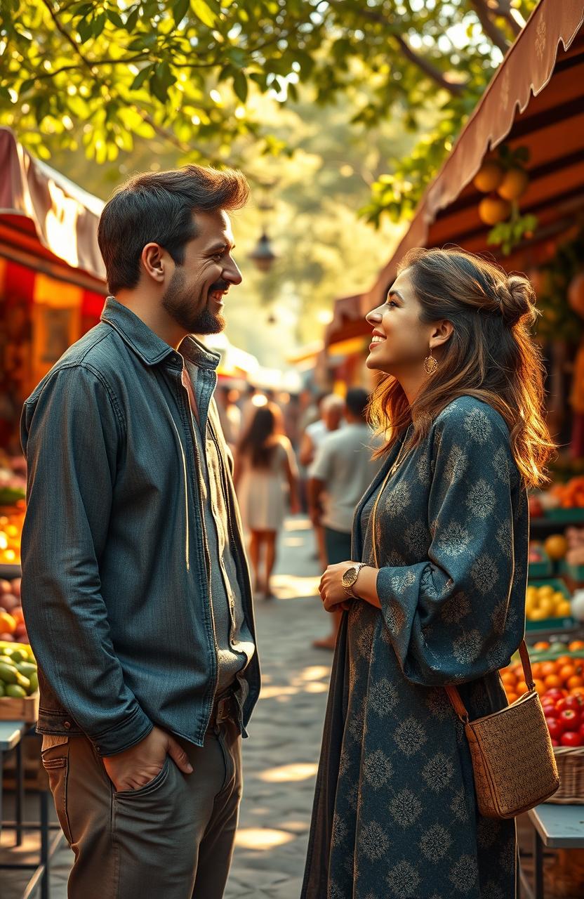 A romantic and heartwarming scene depicting the story of Adam, a wealthy entrepreneur pretending to be poor to win the true love of Nayla