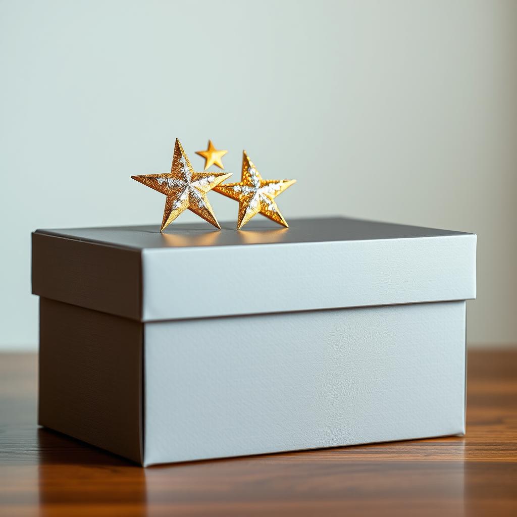 A visually appealing shoe box prominently featuring three sparkling stars on its lid