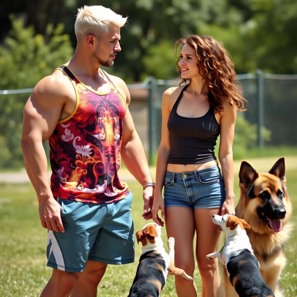 A muscular platinum blond man, 6 foot 4, age 29, dressed in a vibrant tank top and running shorts, pauses to admire a shorter woman of the same age, standing next to a fluffy German Shepherd