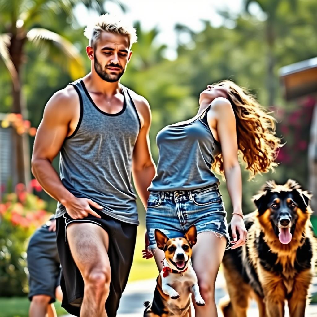 A tall, muscular platinum blond man, standing at 6 feet 4 inches and aged 29, is walking alongside a shorter woman who is 5 feet 4 inches tall, also 29 years old