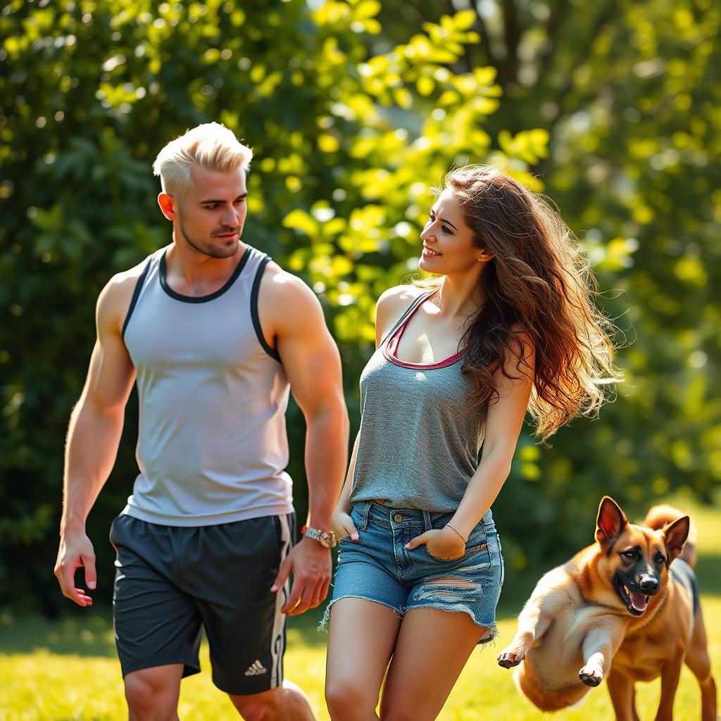 A handsome, muscular platinum blond man, standing 6 feet 4 inches tall, is wearing a tank top and running shorts as he strolls next to a woman who is 5 feet 4 inches tall