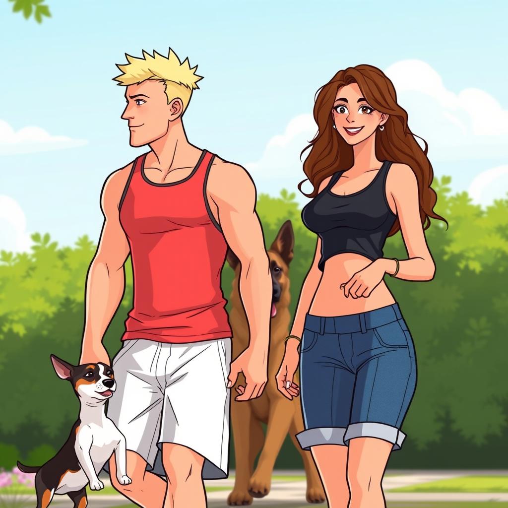 A cartoon-style image featuring a handsome, muscular platinum blond man, 6 feet 4 inches tall, wearing a tank top and running shorts