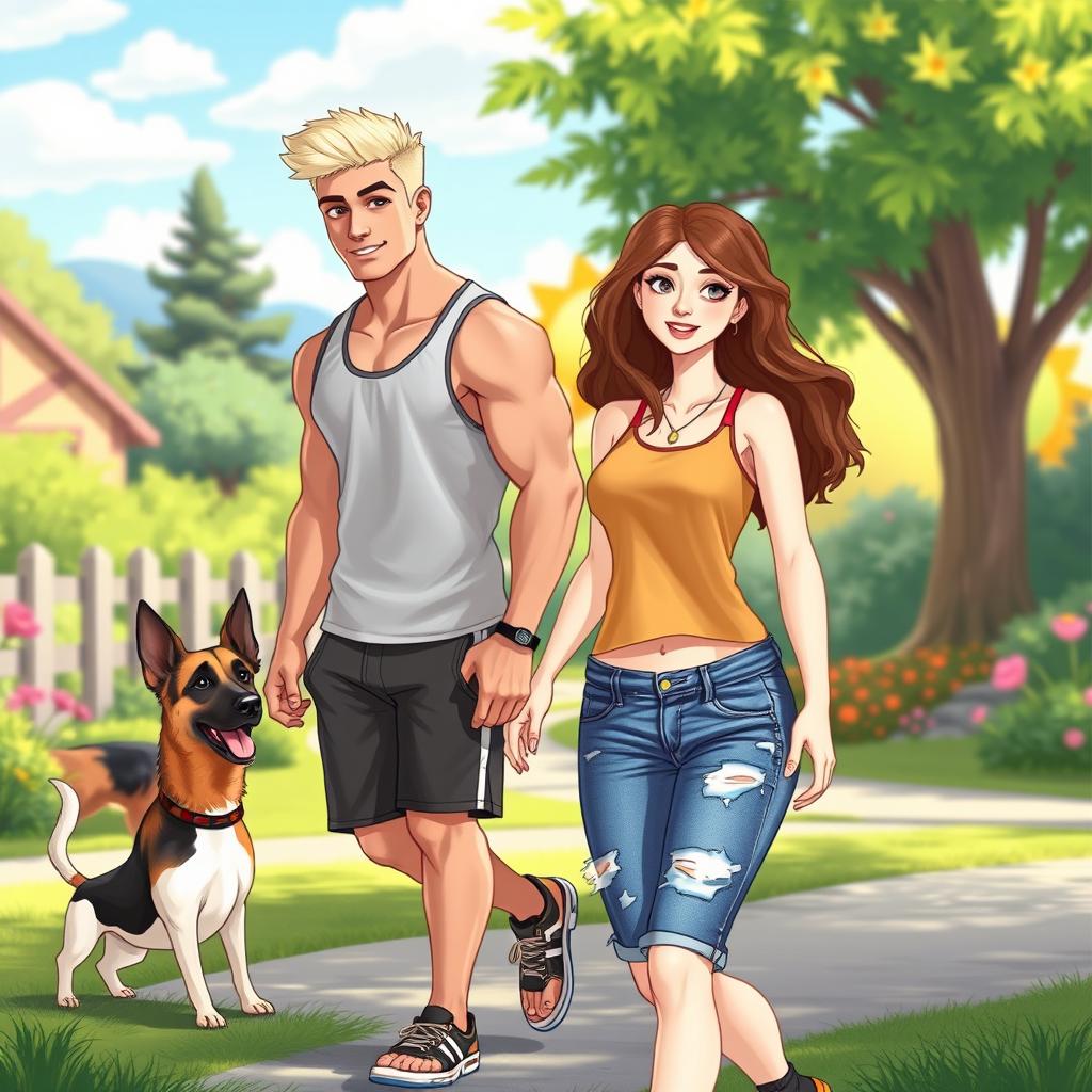 A vibrant cartoon image of a handsome, muscular platinum blond man, 6 feet 4 inches tall, dressed in a tank top and running shorts