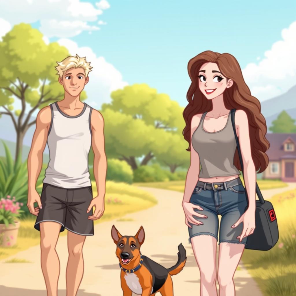 A whimsical cartoon image showcasing a handsome man with slightly long platinum blond hair, muscular build, and standing 6 feet 4 inches tall